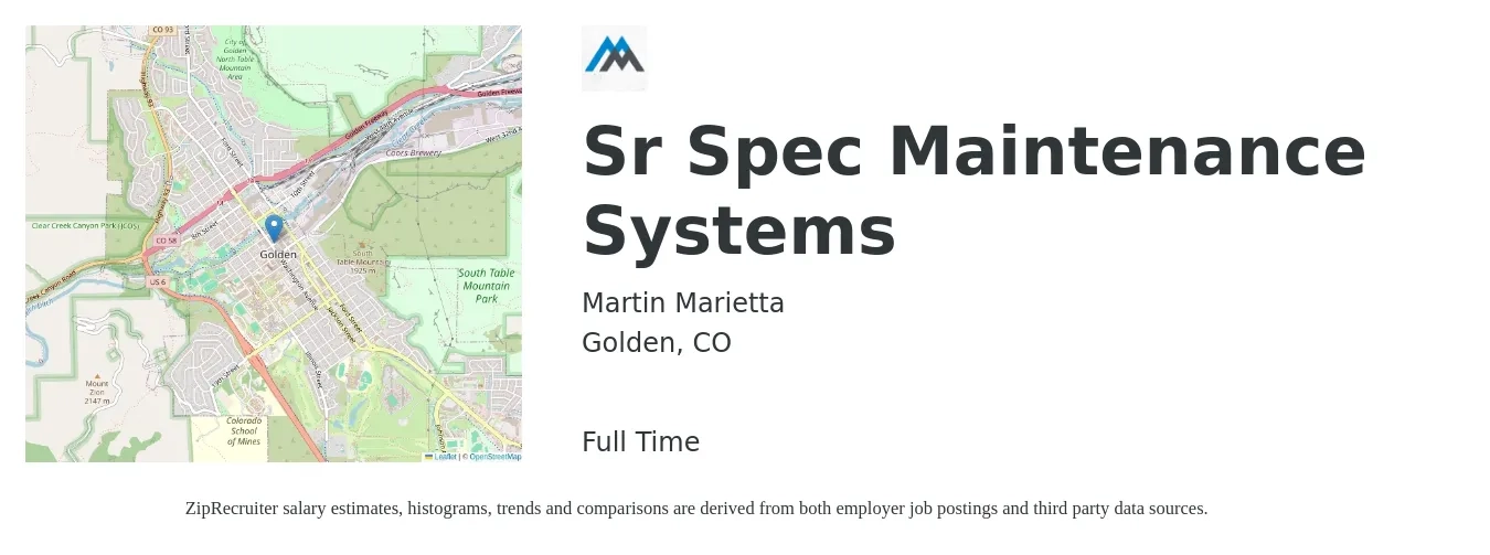 Martin Marietta job posting for a Sr Spec Maintenance Systems in Golden, CO with a salary of $52,100 to $83,100 Yearly with a map of Golden location.