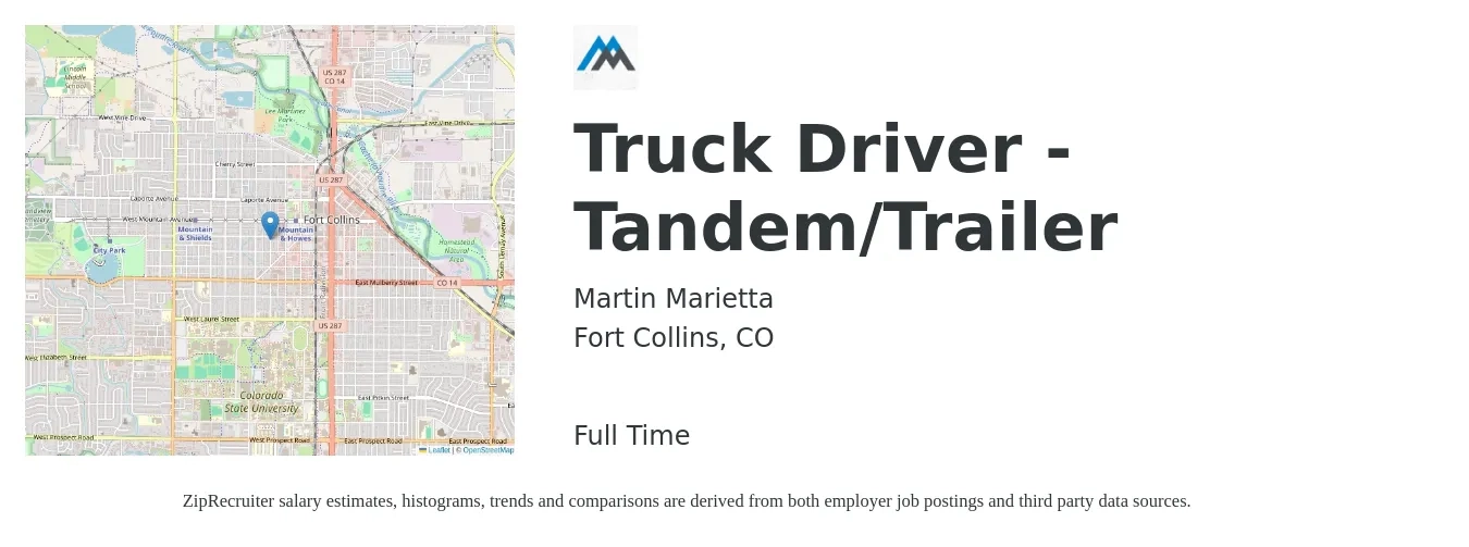 Martin Marietta job posting for a Truck Driver - Tandem/Trailer in Fort Collins, CO with a salary of $25 Hourly with a map of Fort Collins location.