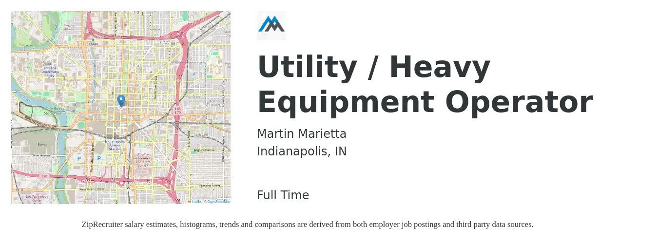 Martin Marietta job posting for a Utility / Heavy Equipment Operator in Indianapolis, IN with a salary of $19 to $26 Hourly with a map of Indianapolis location.