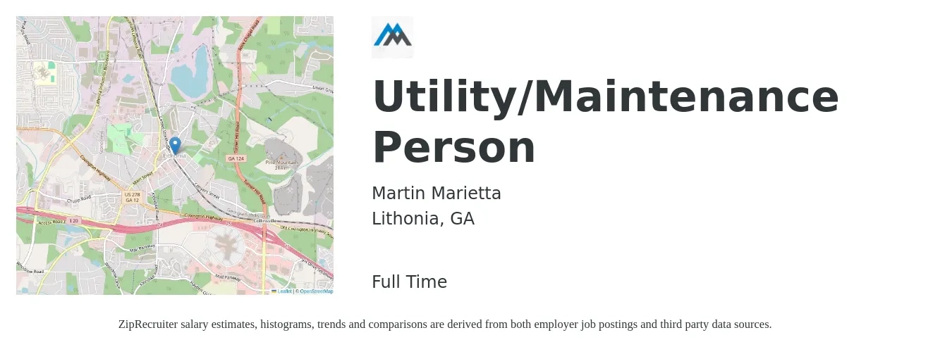 Martin Marietta job posting for a Utility/Maintenance Person in Lithonia, GA with a salary of $17 to $24 Hourly with a map of Lithonia location.