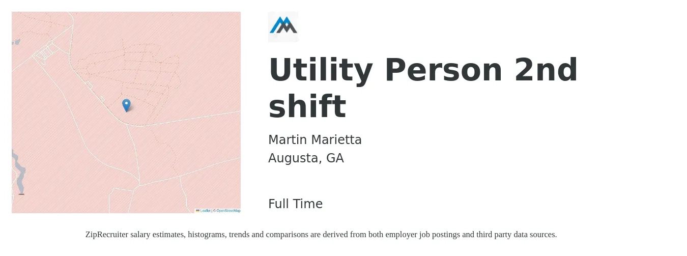 Martin Marietta job posting for a Utility Person 2nd shift in Augusta, GA with a salary of $12 to $18 Hourly with a map of Augusta location.
