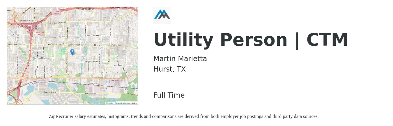Martin Marietta job posting for a Utility Person | CTM in Hurst, TX with a salary of $14 to $20 Hourly with a map of Hurst location.