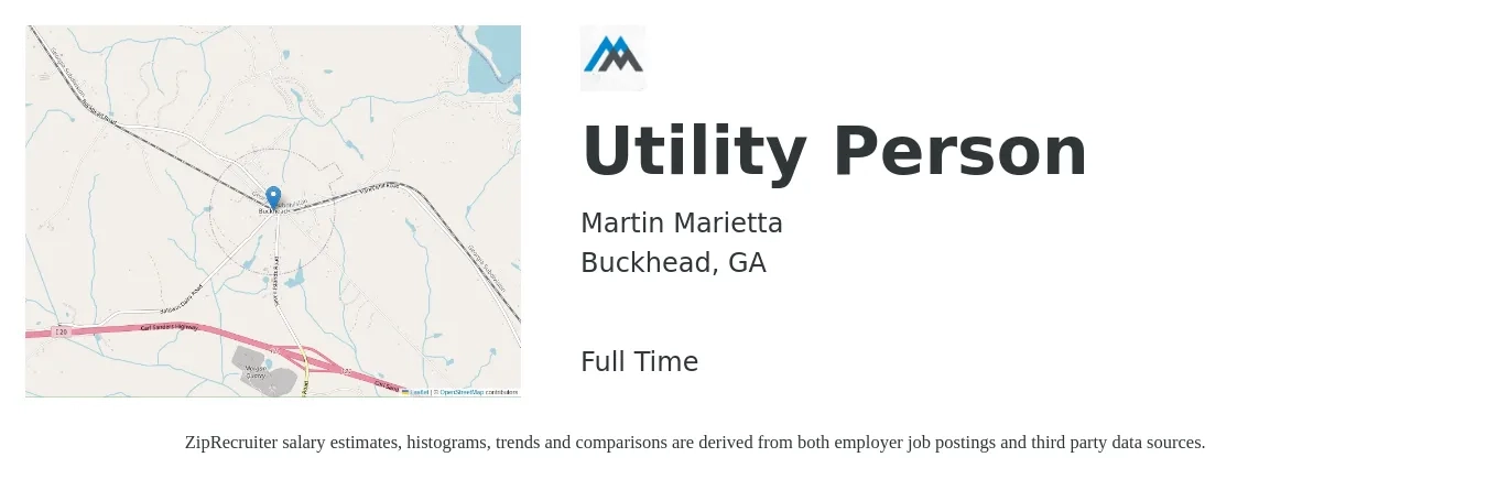 Martin Marietta job posting for a Utility Person in Buckhead, GA with a salary of $16 to $23 Hourly with a map of Buckhead location.