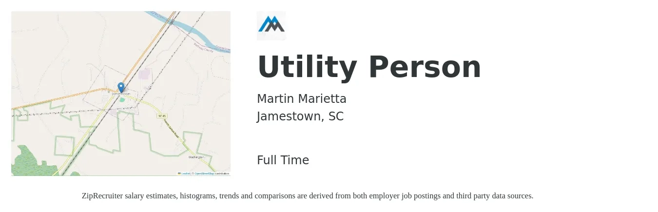 Martin Marietta job posting for a Utility Person in Jamestown, SC with a salary of $14 to $21 Hourly with a map of Jamestown location.