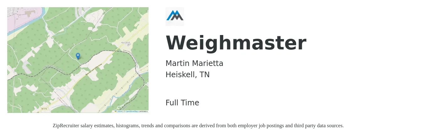Martin Marietta job posting for a Weighmaster in Heiskell, TN with a salary of $15 to $17 Hourly with a map of Heiskell location.