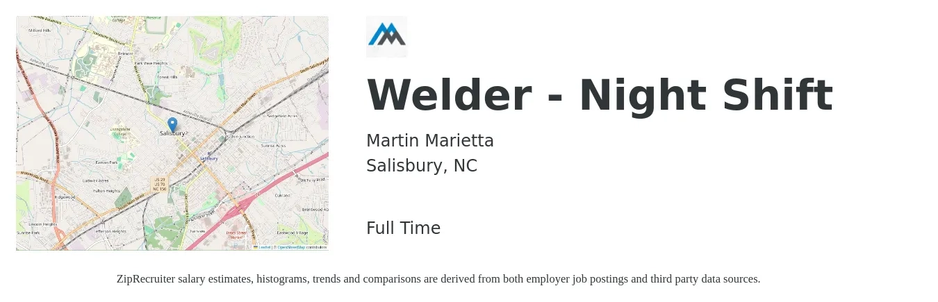 Martin Marietta job posting for a Welder - Night Shift in Salisbury, NC with a salary of $18 to $23 Hourly with a map of Salisbury location.