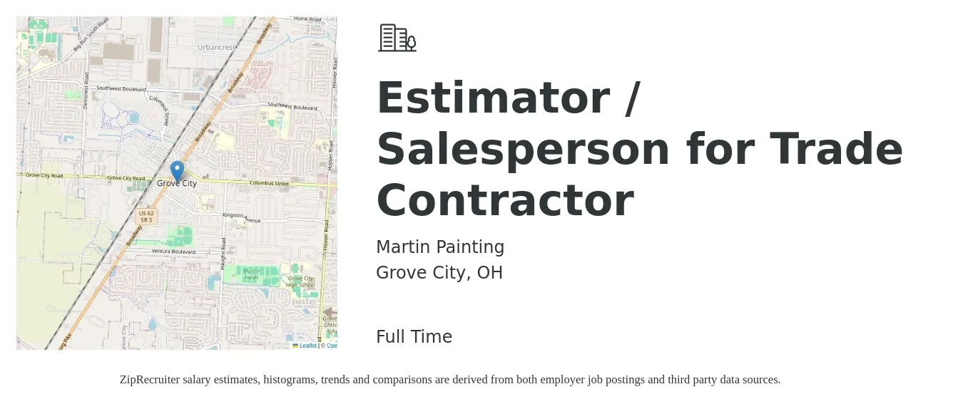 Martin Painting job posting for a Estimator / Salesperson for Trade Contractor in Grove City, OH with a salary of $45,500 to $66,200 Yearly with a map of Grove City location.