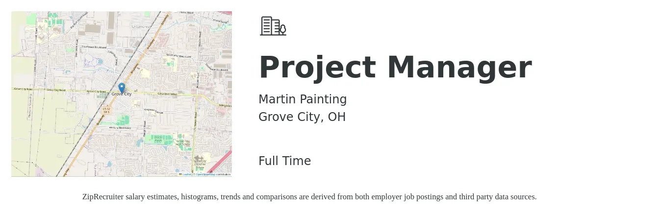Martin Painting job posting for a Project Manager in Grove City, OH with a salary of $73,700 to $115,400 Yearly with a map of Grove City location.