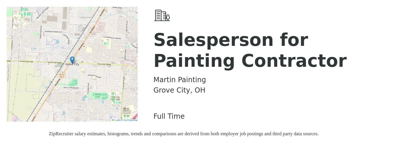 Martin Painting job posting for a Salesperson for Painting Contractor in Grove City, OH with a salary of $32,800 to $61,000 Yearly with a map of Grove City location.