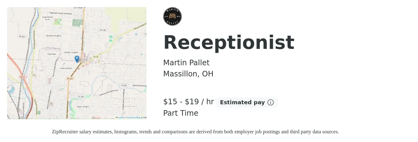 Martin Pallet job posting for a Receptionist in Massillon, OH with a salary of $16 to $20 Hourly and benefits including life_insurance, and pto with a map of Massillon location.