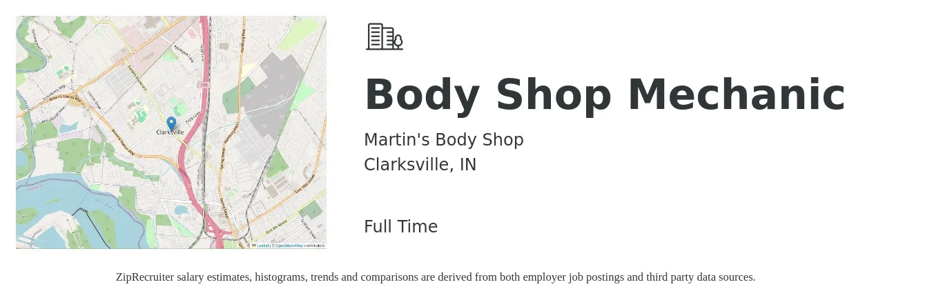 Martin's Body Shop job posting for a Body Shop Mechanic in Clarksville, IN with a salary of $25 to $40 Hourly with a map of Clarksville location.
