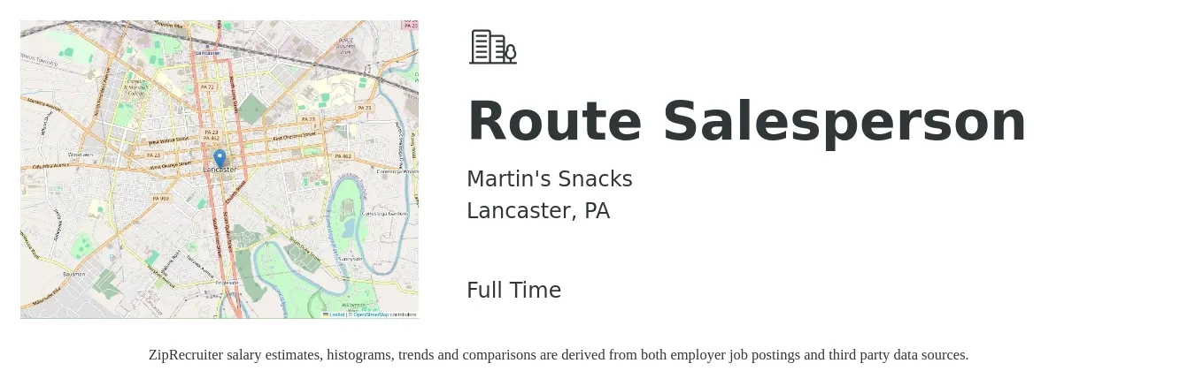Martin's Snacks job posting for a Route Salesperson in Lancaster, PA with a salary of $46,600 to $58,800 Yearly with a map of Lancaster location.