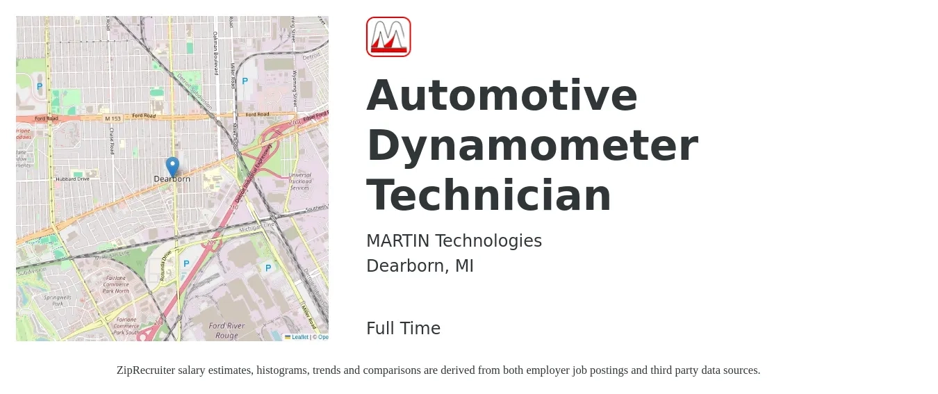 MARTIN Technologies job posting for a Automotive Dynamometer Technician in Dearborn, MI with a salary of $20 to $28 Hourly with a map of Dearborn location.