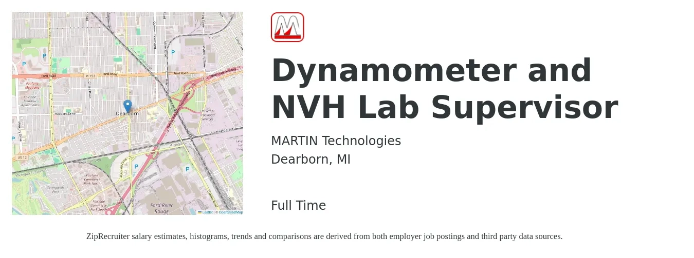 MARTIN Technologies job posting for a Dynamometer and NVH Lab Supervisor in Dearborn, MI with a salary of $112,300 to $140,100 Yearly with a map of Dearborn location.