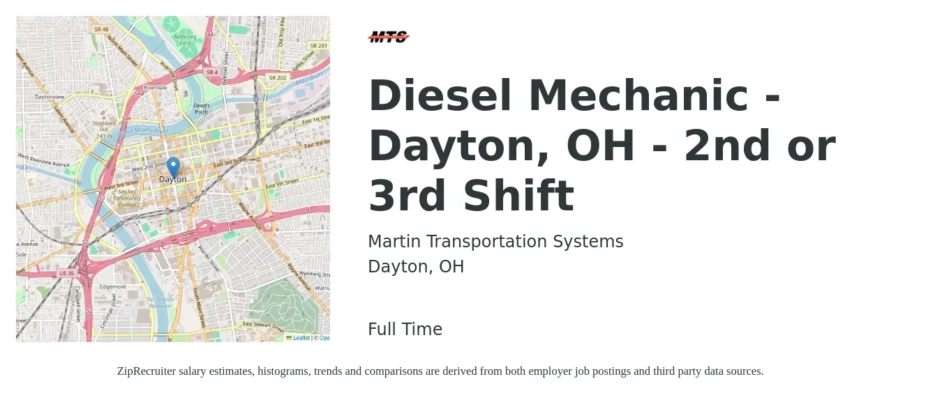 Martin Transportation Systems job posting for a Diesel Mechanic - Dayton, OH - 2nd or 3rd Shift in Dayton, OH with a salary of $25,000 Monthly with a map of Dayton location.