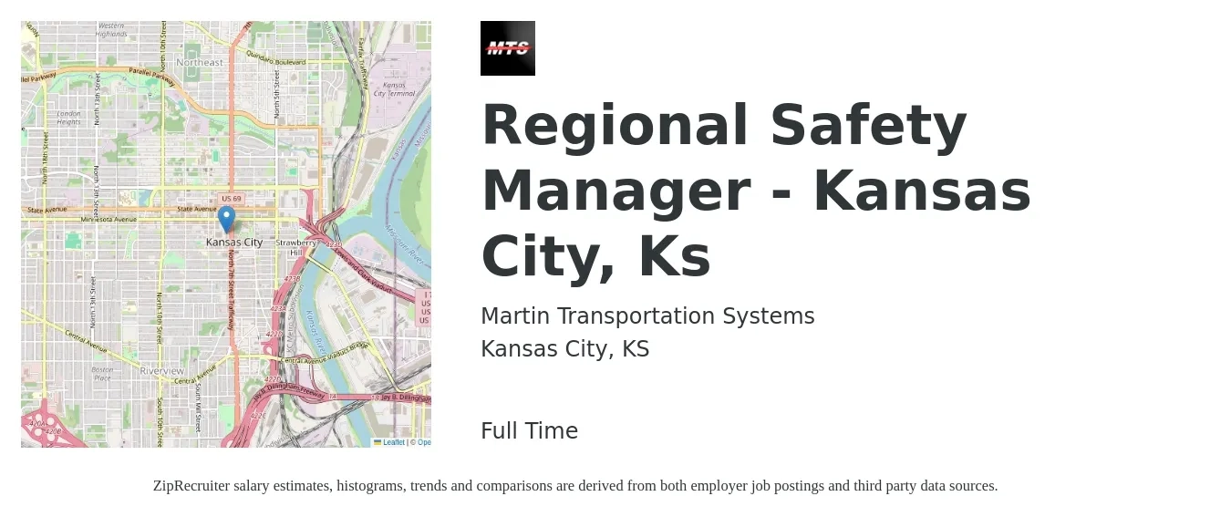 Martin Transportation Systems job posting for a Regional Safety Manager - Kansas City, Ks in Kansas City, KS with a salary of $69,000 to $106,100 Yearly with a map of Kansas City location.