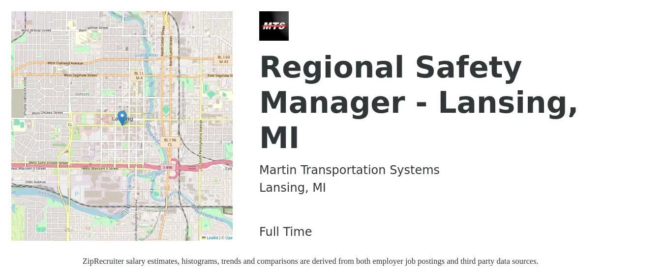 Martin Transportation Systems job posting for a Regional Safety Manager - Lansing, MI in Lansing, MI with a salary of $72,500 to $111,600 Yearly with a map of Lansing location.