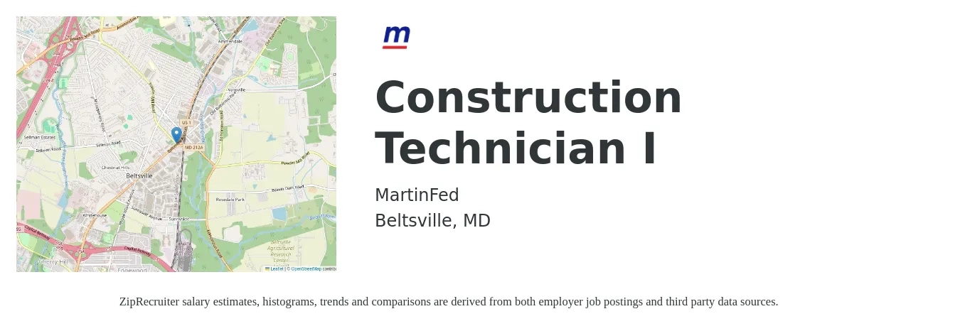 MartinFed job posting for a Construction Technician I in Beltsville, MD with a salary of $19 to $26 Hourly with a map of Beltsville location.