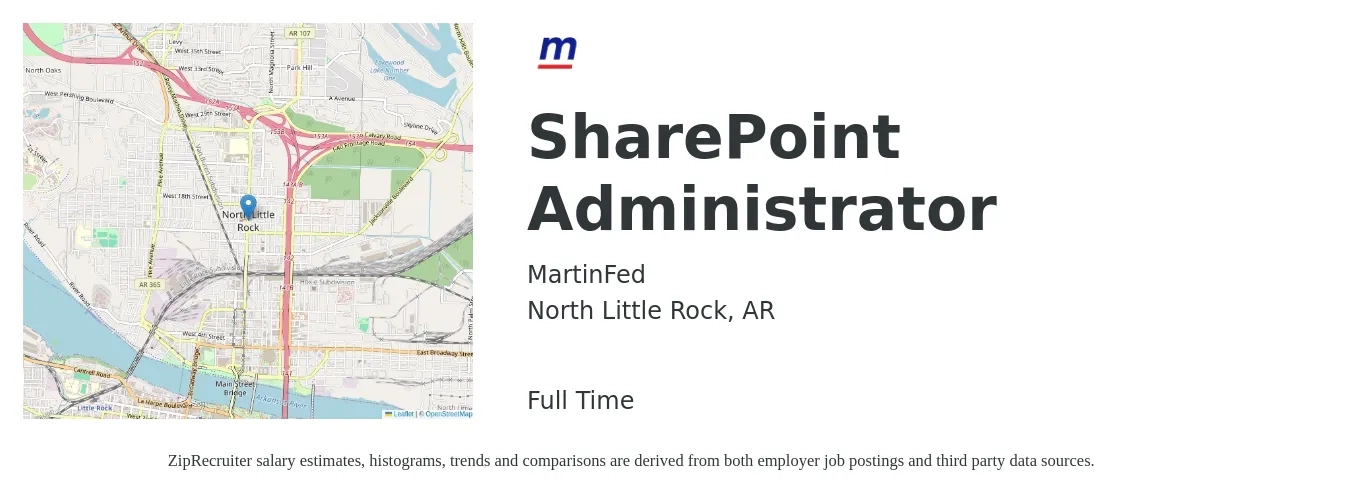 MartinFed job posting for a SharePoint Administrator in North Little Rock, AR with a salary of $32 to $48 Hourly with a map of North Little Rock location.