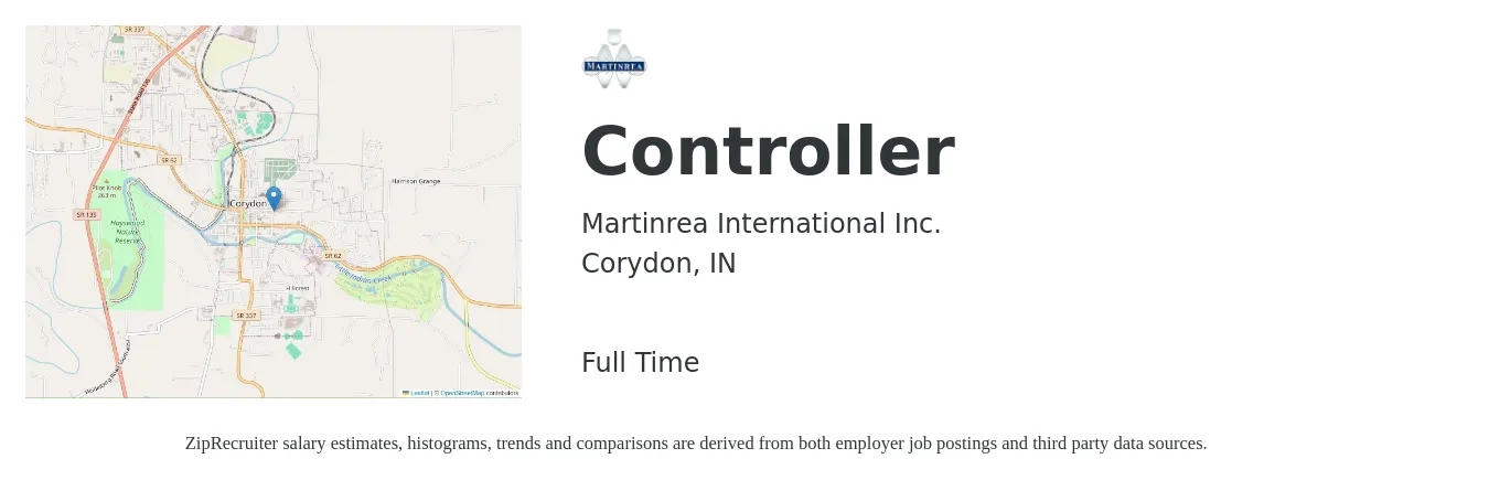 Martinrea International Inc. job posting for a Controller in Corydon, IN with a salary of $86,500 to $123,500 Yearly with a map of Corydon location.