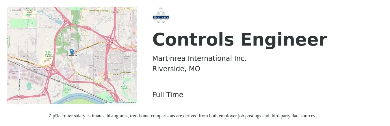Martinrea International Inc. job posting for a Controls Engineer in Riverside, MO with a salary of $80,700 to $104,400 Yearly with a map of Riverside location.
