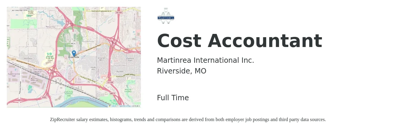 Martinrea International Inc. job posting for a Cost Accountant in Riverside, MO with a salary of $63,300 to $84,600 Yearly with a map of Riverside location.