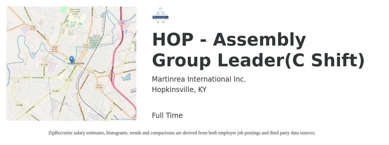 Martinrea International Inc. job posting for a HOP - Assembly Group Leader(C Shift) in Hopkinsville, KY with a salary of $22 to $32 Hourly with a map of Hopkinsville location.