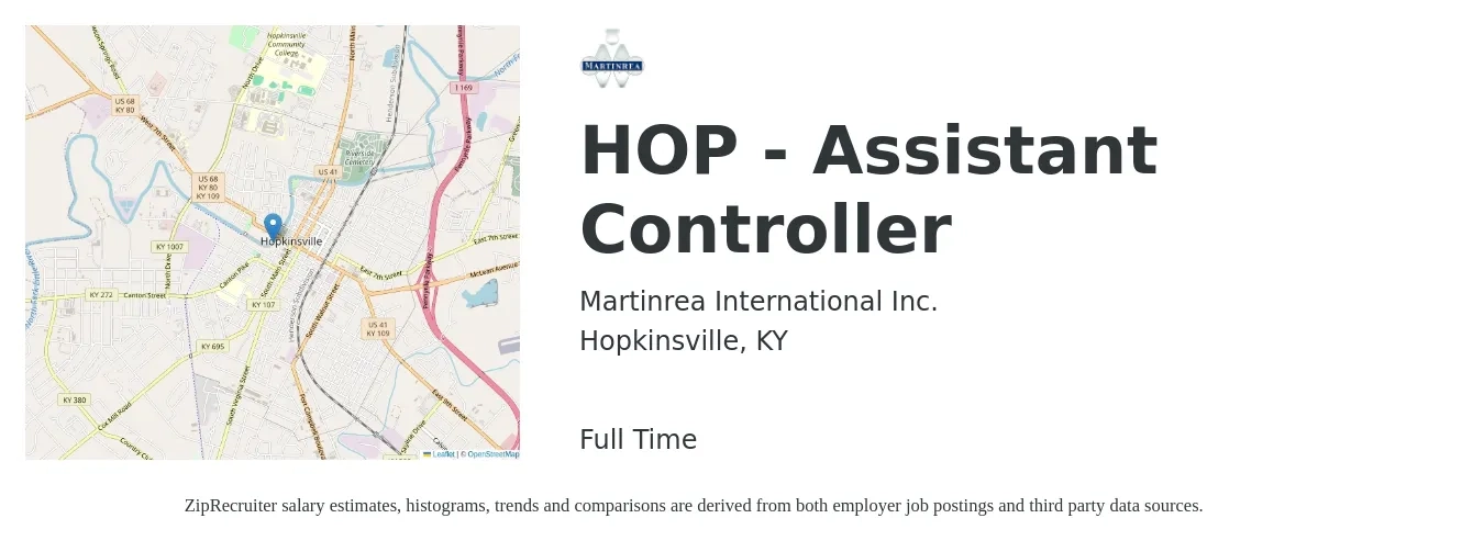 Martinrea International Inc. job posting for a HOP - Assistant Controller in Hopkinsville, KY with a salary of $70,600 to $100,600 Yearly with a map of Hopkinsville location.