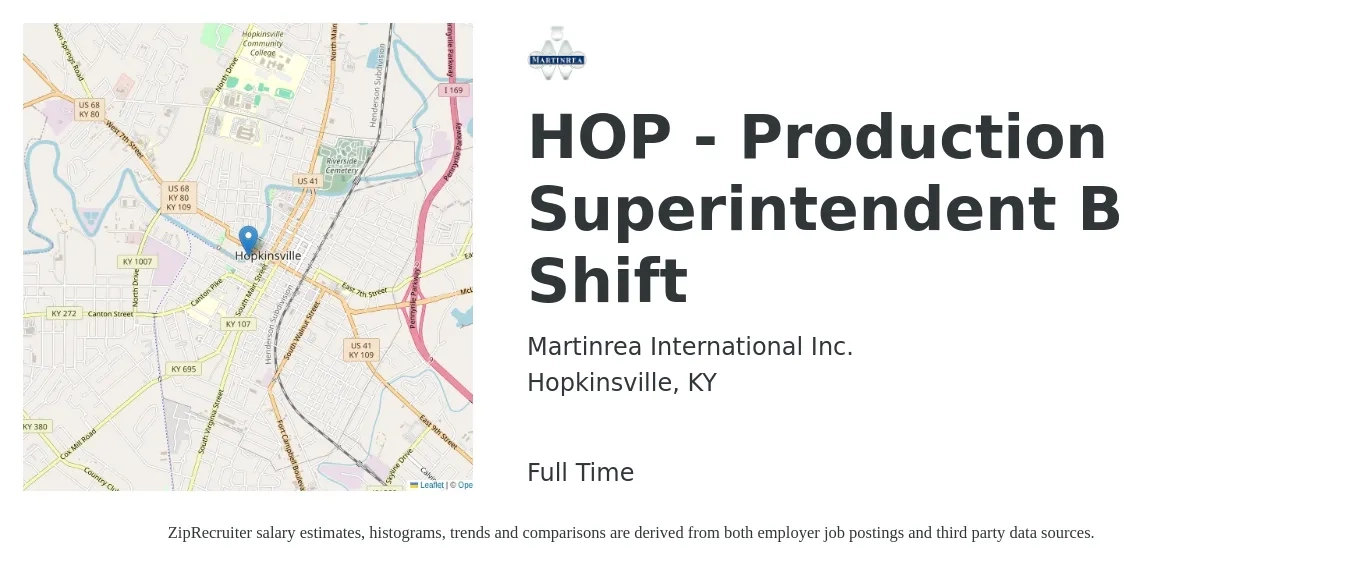 Martinrea International Inc. job posting for a HOP - Production Superintendent B Shift in Hopkinsville, KY with a salary of $47,300 to $68,000 Yearly with a map of Hopkinsville location.