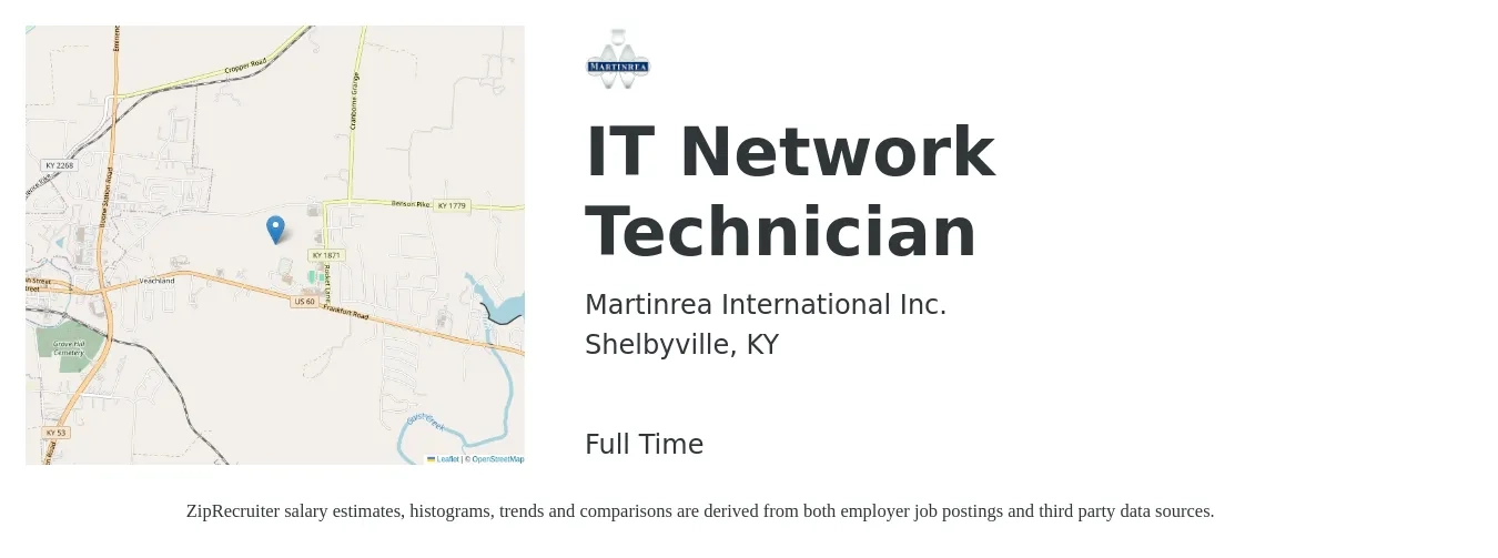 Martinrea International Inc. job posting for a IT Network Technician in Shelbyville, KY with a salary of $34,800 to $51,100 Yearly with a map of Shelbyville location.