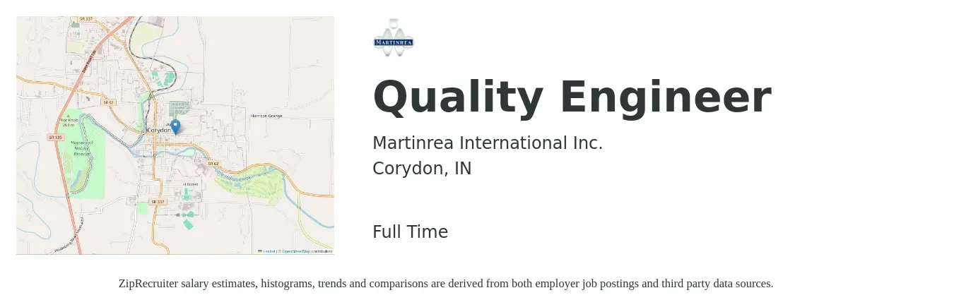 Martinrea International Inc. job posting for a Quality Engineer in Corydon, IN with a salary of $64,200 to $83,000 Yearly with a map of Corydon location.