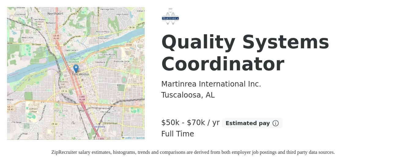 Martinrea International Inc. job posting for a Quality Systems Coordinator in Tuscaloosa, AL with a salary of $50,000 to $70,000 Yearly with a map of Tuscaloosa location.