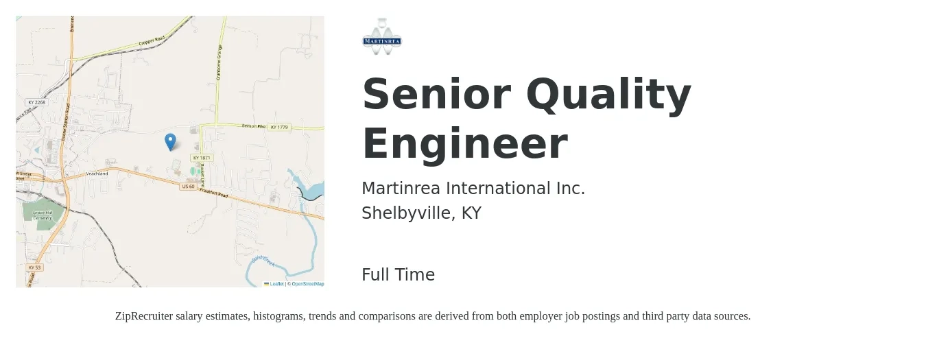 Martinrea International Inc. job posting for a Senior Quality Engineer in Shelbyville, KY with a salary of $82,200 to $111,400 Yearly with a map of Shelbyville location.
