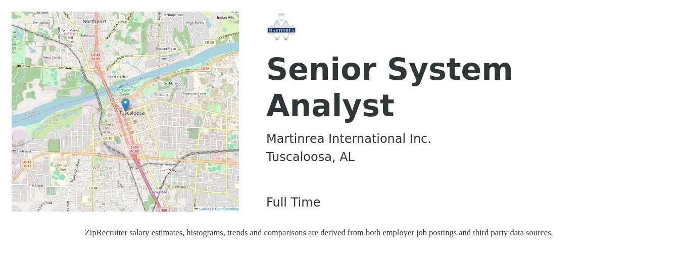 Martinrea International Inc. job posting for a Senior System Analyst in Tuscaloosa, AL with a salary of $76,600 to $112,400 Yearly with a map of Tuscaloosa location.