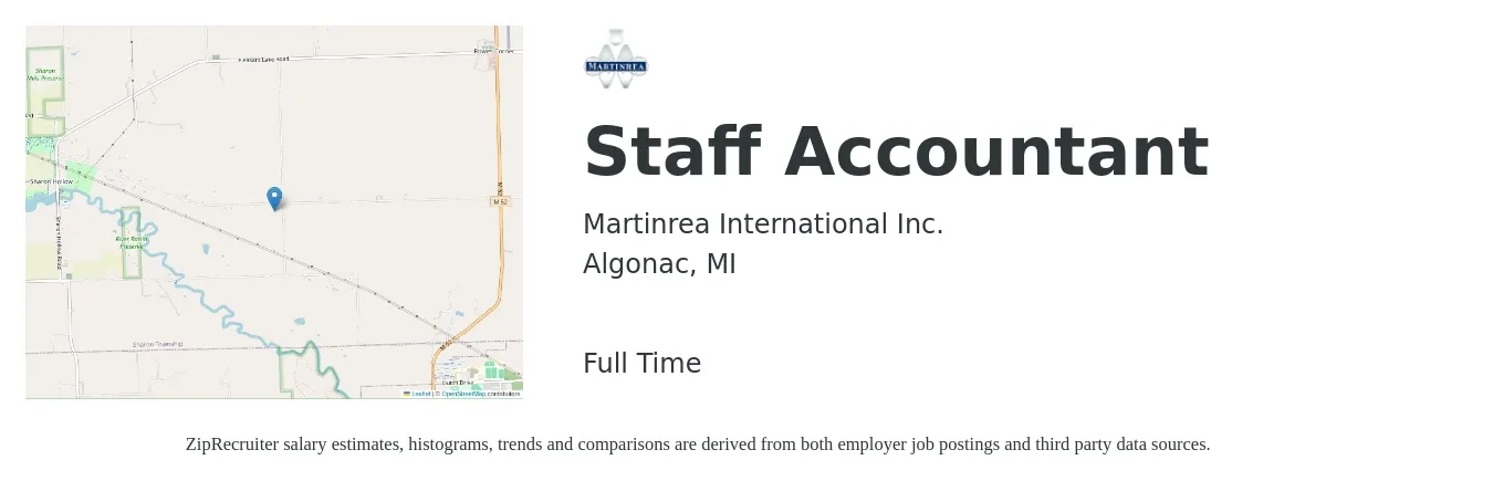 Martinrea International Inc. job posting for a Staff Accountant in Algonac, MI with a salary of $50,000 to $60,000 Yearly with a map of Algonac location.