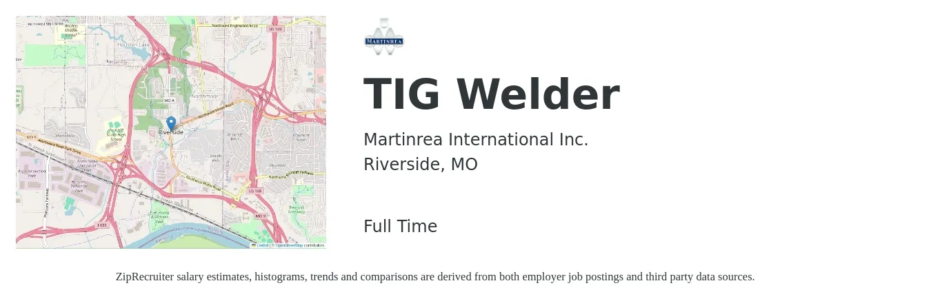 Martinrea International Inc. job posting for a TIG Welder in Riverside, MO with a salary of $20 to $26 Hourly with a map of Riverside location.
