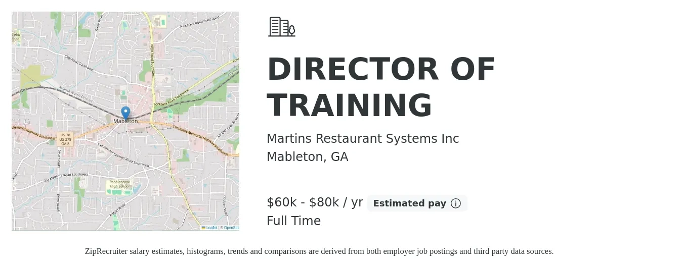 Martins Restaurant Systems Inc job posting for a DIRECTOR OF TRAINING in Mableton, GA with a salary of $60,000 to $80,000 Yearly with a map of Mableton location.
