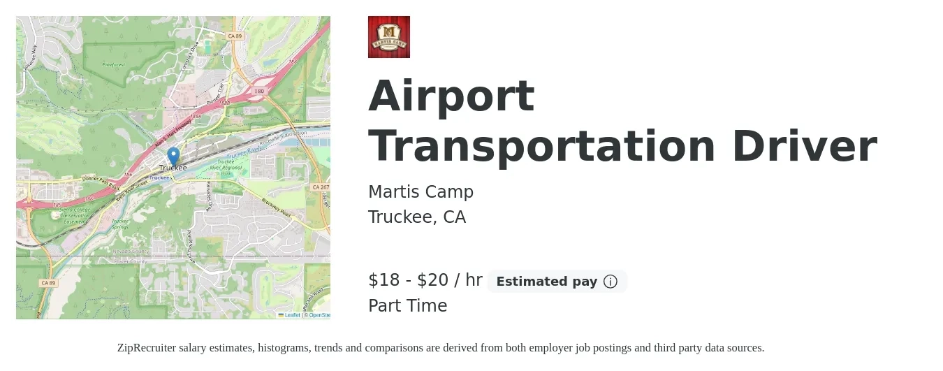 Martis Camp job posting for a Airport Transportation Driver in Truckee, CA with a salary of $19 to $21 Hourly with a map of Truckee location.