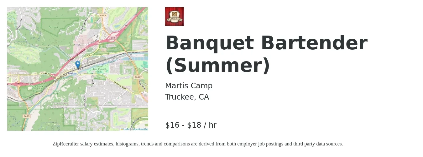 Martis Camp job posting for a Banquet Bartender (Summer) in Truckee, CA with a salary of $17 to $19 Hourly with a map of Truckee location.