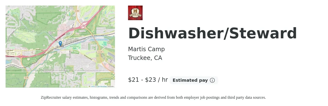 Martis Camp job posting for a Dishwasher/Steward in Truckee, CA with a salary of $22 to $24 Hourly with a map of Truckee location.