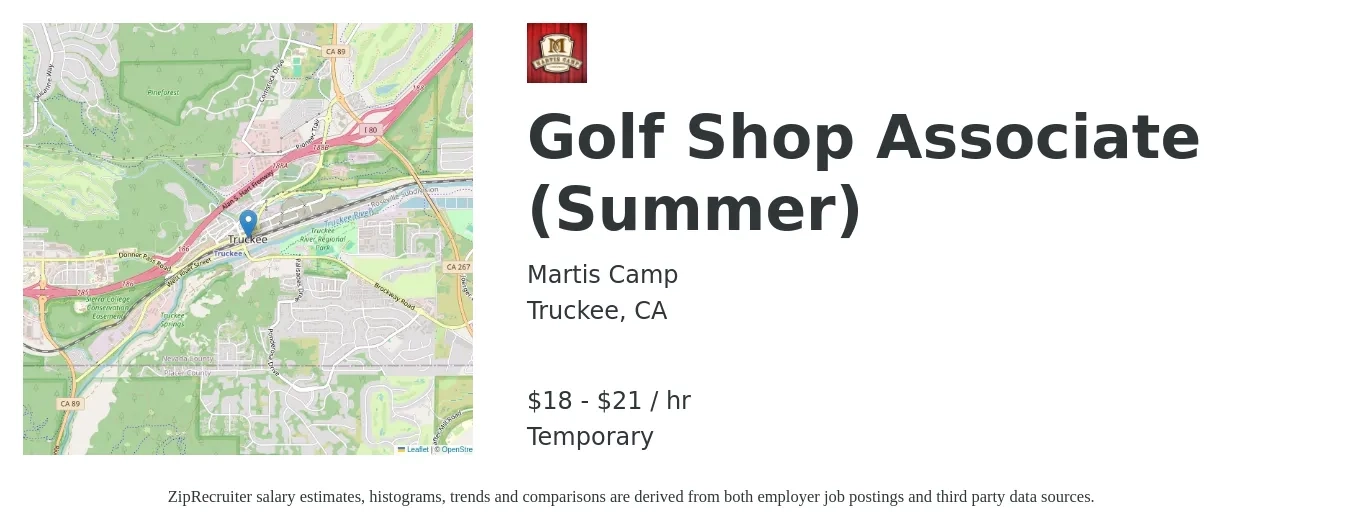 Martis Camp job posting for a Golf Shop Associate (Summer) in Truckee, CA with a salary of $19 to $22 Hourly with a map of Truckee location.