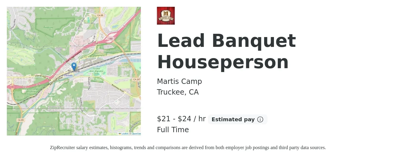 Martis Camp job posting for a Lead Banquet Houseperson in Truckee, CA with a salary of $22 to $25 Hourly with a map of Truckee location.