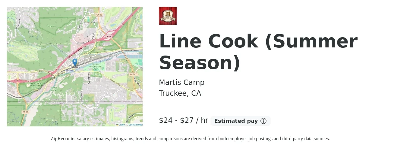 Martis Camp job posting for a Line Cook (Summer Season) in Truckee, CA with a salary of $25 to $29 Hourly with a map of Truckee location.
