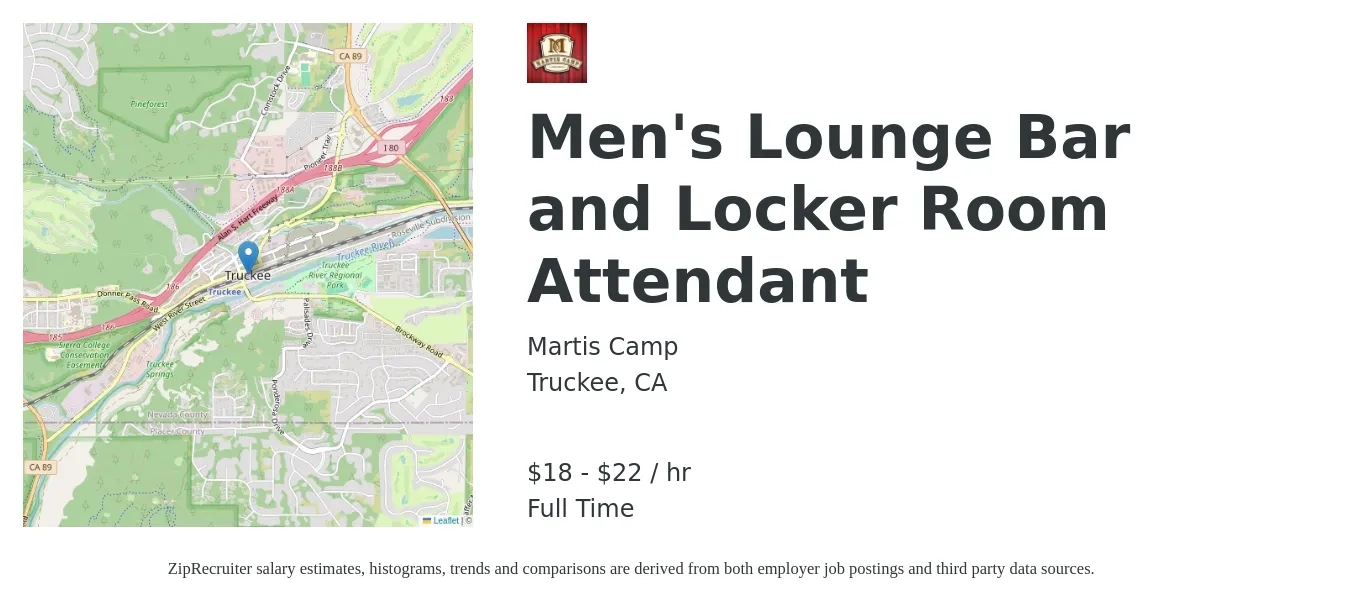 Martis Camp job posting for a Men's Lounge Bar and Locker Room Attendant in Truckee, CA with a salary of $19 to $23 Hourly with a map of Truckee location.