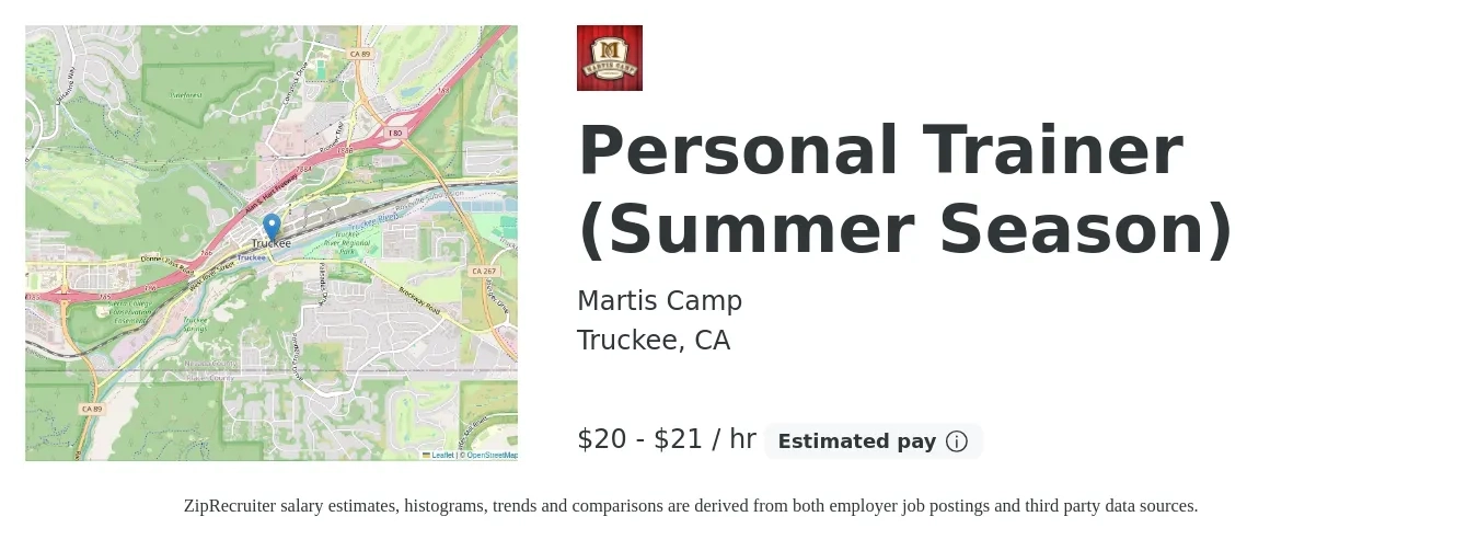 Martis Camp job posting for a Personal Trainer (Summer Season) in Truckee, CA with a salary of $22 to $22 Hourly with a map of Truckee location.