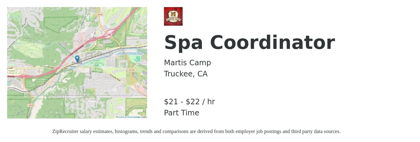 Martis Camp job posting for a Spa Coordinator in Truckee, CA with a salary of $22 to $23 Yearly with a map of Truckee location.