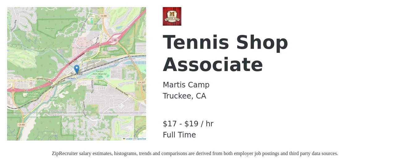 Martis Camp job posting for a Tennis Shop Associate in Truckee, CA with a salary of $18 to $20 Yearly with a map of Truckee location.