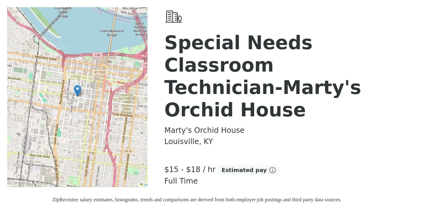 Marty's Orchid House job posting for a Special Needs Classroom Technician-Marty's Orchid House in Louisville, KY with a salary of $16 to $20 Hourly with a map of Louisville location.