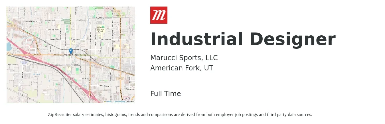 Marucci Sports, LLC job posting for a Industrial Designer in American Fork, UT with a salary of $115,300 Yearly with a map of American Fork location.