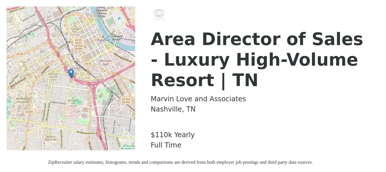 Marvin Love and Associates job posting for a Area Director of Sales - Luxury High-Volume Resort | TN in Nashville, TN with a salary of $110,000 Yearly with a map of Nashville location.